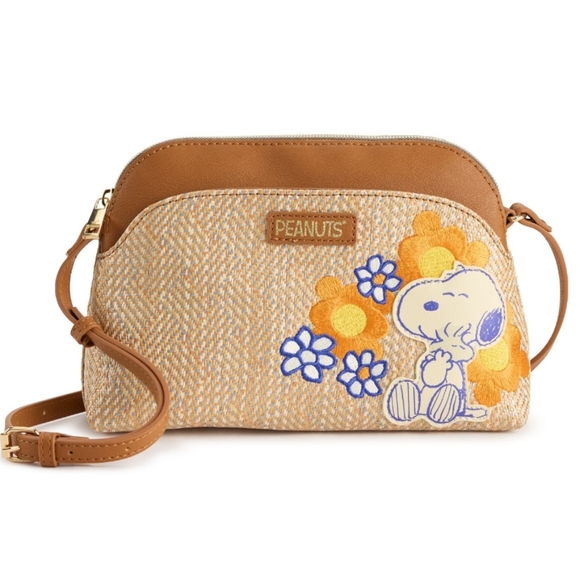Peanuts Handbags - Peanuts Snoopy Brown and Tan Floral Crossbody Bag